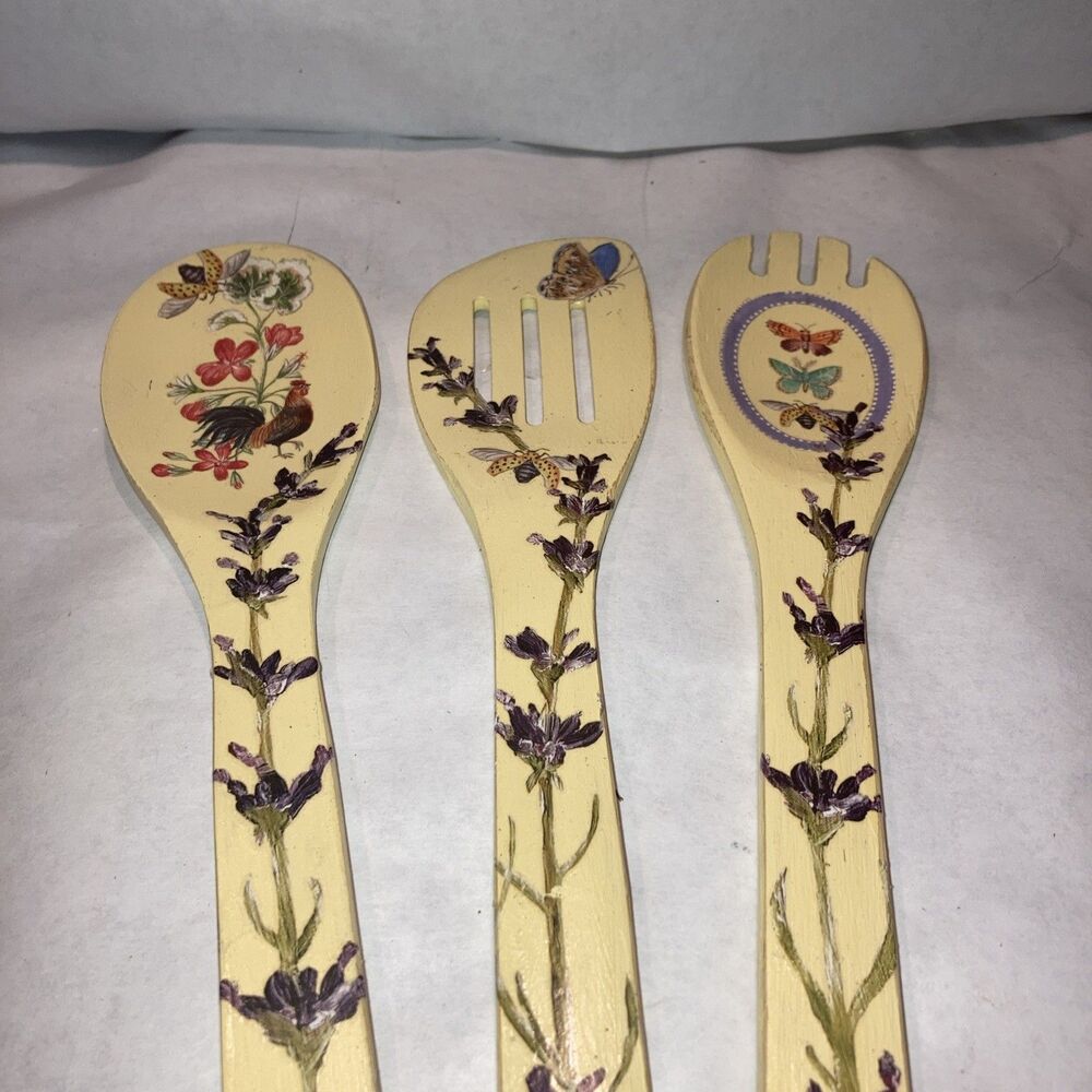 Lot of 3 Wooden Utensils Painted/Transfers/Distressed/Sealed